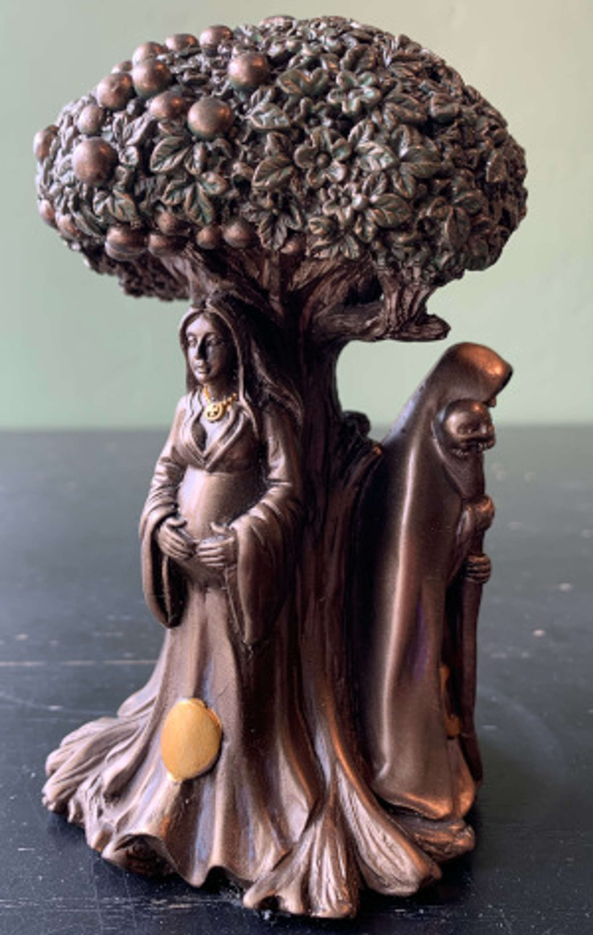 Triple Goddess Tree of Life Statue Maiden Mother Crone with Moon Phases at Tree of Life