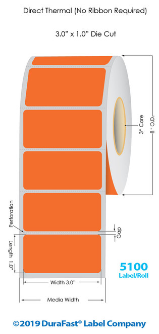 Direct Thermal 3" x 1" Orange Floodcoated Labels 5100/Roll - 3" Core | 8" OD