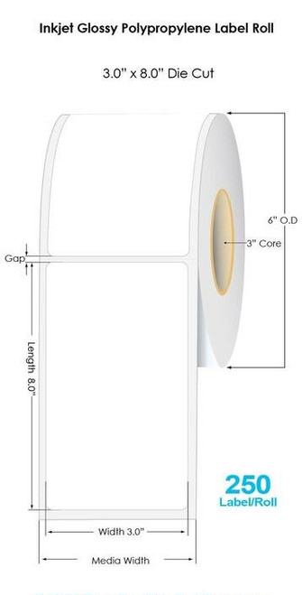 Inkjet 3"x8" NP Glossy BOPP Label 250/Roll 6" OD Image 1