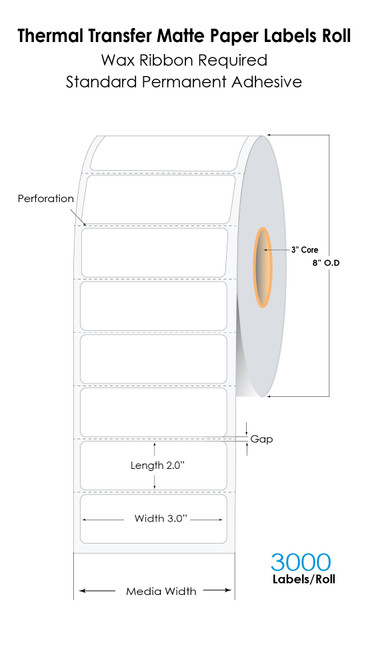 Thermal Transfer 3" x 2" Matte Paper Labels 2500/Roll - 3" Core | 8" OD / 8/Carton