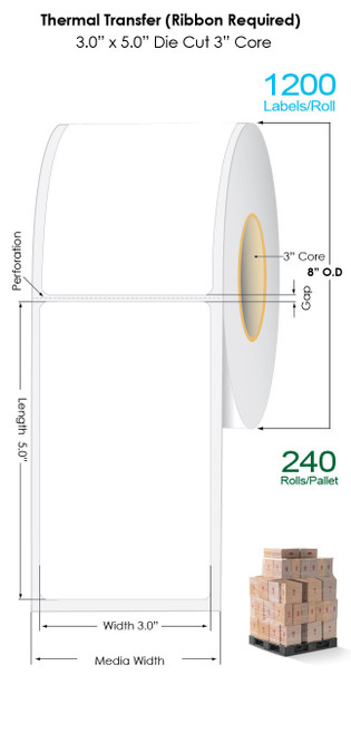 Thermal Transfer 3" x 5" Matte Paper Labels 1200/Roll - 3" Core | 8" OD / 8 Rolls/Carton (Pallet Sale) Image 1