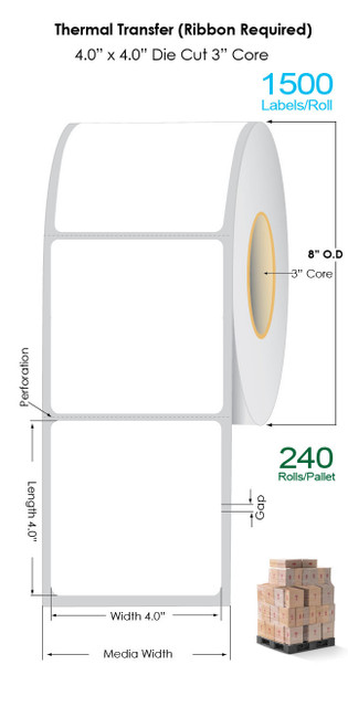 Thermal Transfer 4" x 4" Matte Paper Labels 1500/Roll - 3" Core | 8" OD / 4 Rolls/Carton (Pallet Sale) Image 1