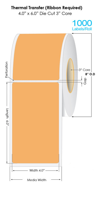 Thermal Transfer 4" x 6" ORANGE Matte Paper Labels 1000/Roll - 3" Core | 8" OD