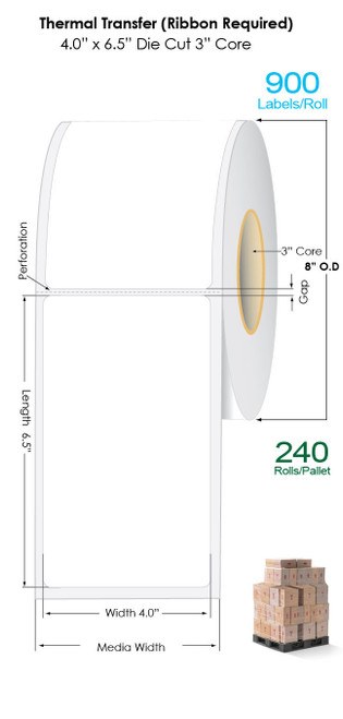 Thermal Transfer 4" x 6.5" Matte Paper Labels 900/Roll - 3" Core | 8" OD / 4 Rolls/Carton (Pallet Sale) Image 1