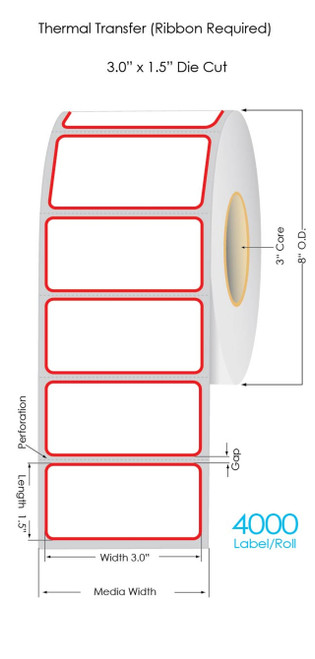Thermal Transfer 3" x 1.5" Matte Paper Labels with Red Border 4000/Roll - 3" Core | 8" OD / 8/Carton