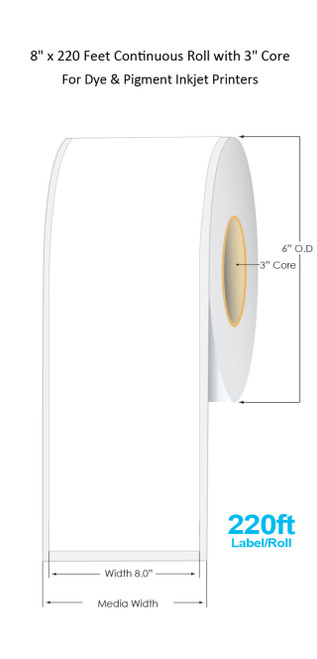 C6500 8" x 220 Feet Inkjet High Gloss Paper Continuous Label Roll | 220 Ft/Roll | 3" Core/6"OD
