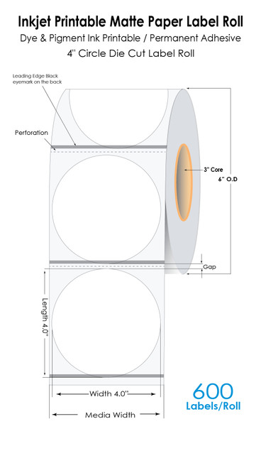 C6500 4" Circle Inkjet Matte Paper Die Cut Label Roll | 600/Roll | 3" Core/6"OD