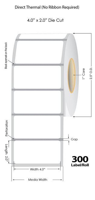 Mobile Direct Thermal 4" x 2" Matte Paper Label 300/Roll 1" Core