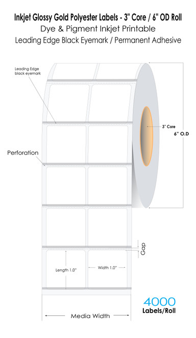 C6500 1" x 1" (2UP) Glossy Gold Polyester Label 4000/Roll 6" OD (Leading Edge Blk Sensor)