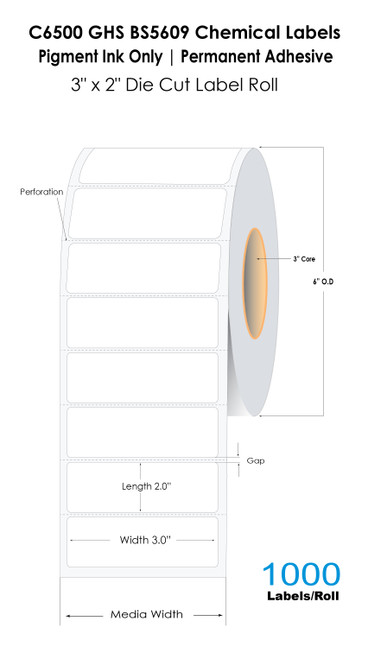 C6500 3" x 2" 3.5Mil Chemical Label 1000/Roll (Pigment Ink Only)