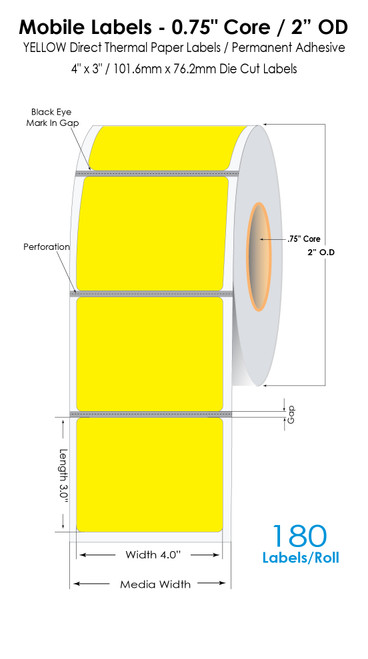 Direct Thermal 4"x3" Yellow Mobile Label 180/Roll 0.75" Core / 2" OD