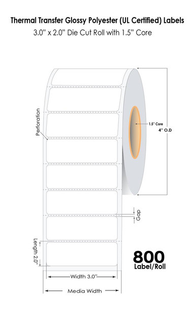 Thermal Transfer 3"x2" Glossy Polyester UL Labels 800/RL 1.5"Core/4" OD Image 1