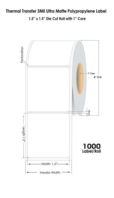 Thermal Transfer 1.5" x 1.5" 3mil Ultra Matte Polypropylene Label 1000/Roll 1"Core