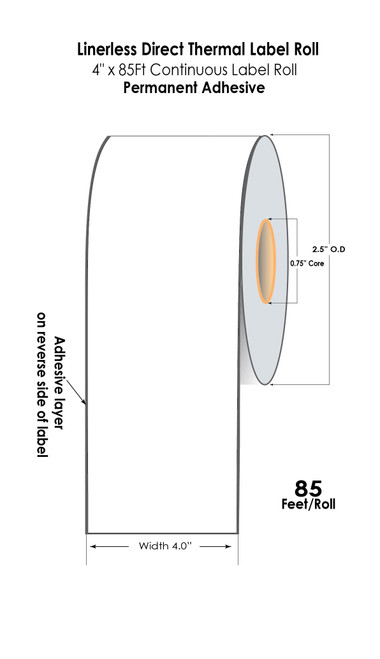 Zebra Linerless 4"x85Ft White Direct Thermal Label Roll 0.75"/2.5"OD