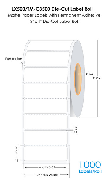LX500/TM-C3500 3"x1" Die Cut Matte Paper Label 1000/Roll Image 1