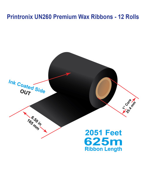 Printronix 6.5" x 2051 ft UN260 Black Wax Ribbon - 12 Rolls Image 1