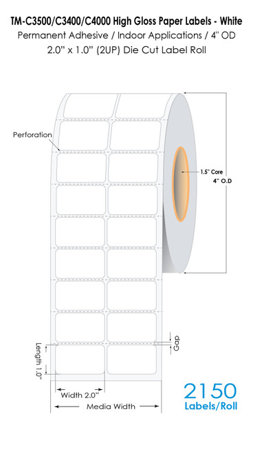 TM-C3500 2" x 1" (2A) High Gloss Paper Label 2150/Roll