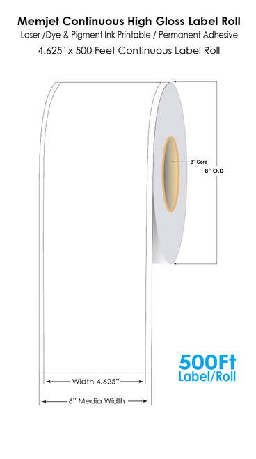 Memjet 4.625" x 500Ft Continuous High Gloss Label Roll, 3" Core, 6" Media width, Matrix ON