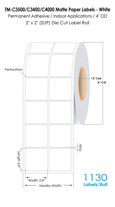 TM-C3500 2" x 2" (2A) Matte Paper Label 1130/Roll