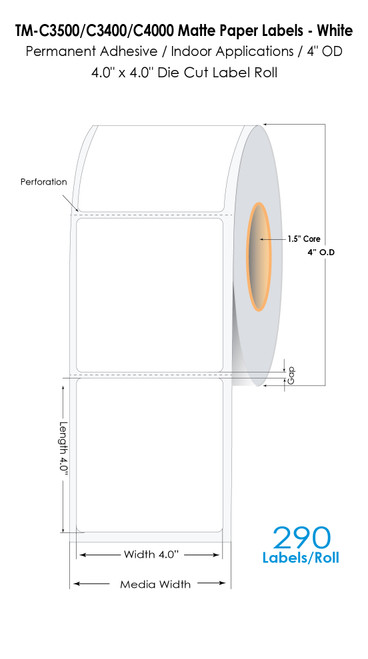 TM-C3500 4" x 4" (1A) Matte Paper Label 290/Roll TM-C3500 4" x 4" (1A) Matte Paper Label 290/Roll