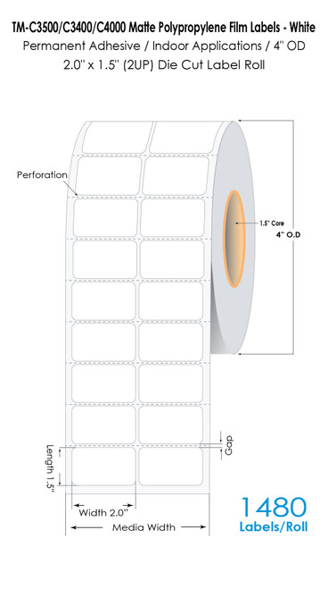 TM-C3500 2" x 1.5" (2A) Matte BOPP Label 1480/Roll