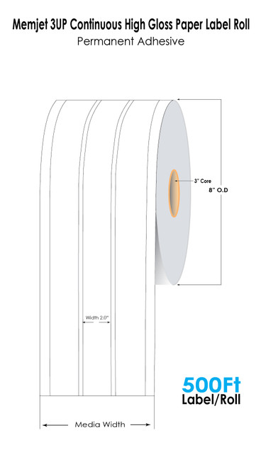 Memjet 2” x 500Ft 3UP Continuous High Gloss Paper Label Roll 3" Core/8" OD Inkjet/Laser
