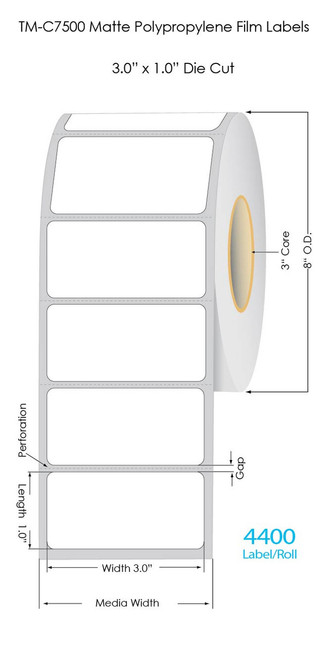 TM-C7500 3" x 1" Matte Polypropylene Labels 4400/Roll 8" OD