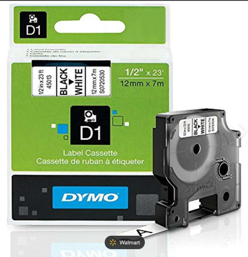 Dymo 45013 D1 BLACK PRINT ON WHITE TAPE 1/2" X 23 Ft Tape