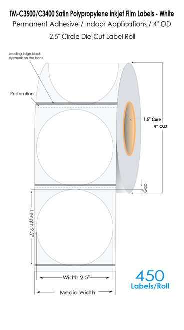 CW-C4000/TM-C3500 2.5” Circle Satin BOPP Labels 450/Roll