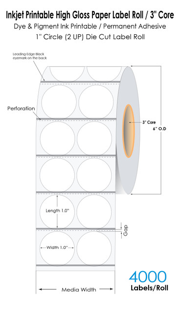 C6500 1" Circle (2UP) High Gloss Paper Labels 4000/Roll 3" Core 6" OD