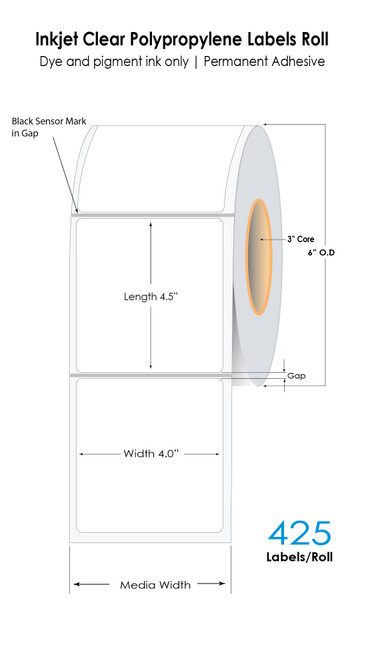 LX3000 4" x 4.5" Inkjet Clear Polypropylene Labels 425/Roll | 3" Core/6" OD 1/8" Blk Mark in 1/4" GAP