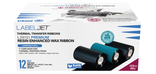 LabelJet Zebra 110 x 450m / 1" Core / 12 Pack / Black Premium Wax TDW121 Ribbon