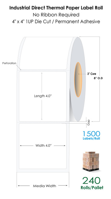 Industrial 4" x 4" Direct Thermal Paper Labels 1500/Roll - 3" Core | 8" OD (Pallet Sale)