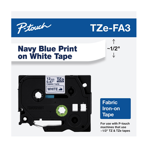 Brother TZE-FA3 - 12mm NAVY BLUE ON WHITE FABRIC IRON-ON TZeFA3