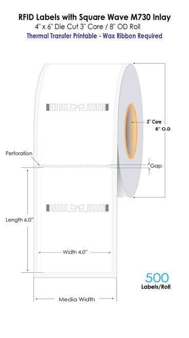 Thermal Transfer 4" x 6" RFID Paper Labels w/ Square Wave M730 Inlay  3"Core/8" OD 500/Roll