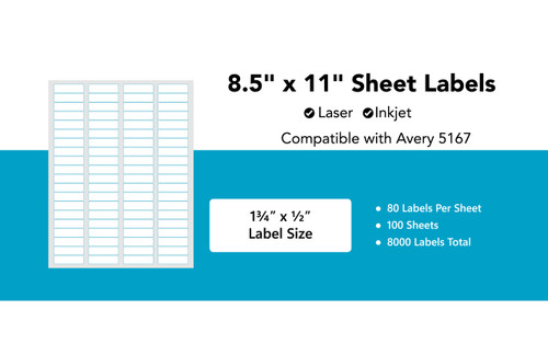 Avery 5167 Compatible Laser/Inkjet Sheet Labels - 1.75"x0.5" 80/Sheet - 100 Sheet
