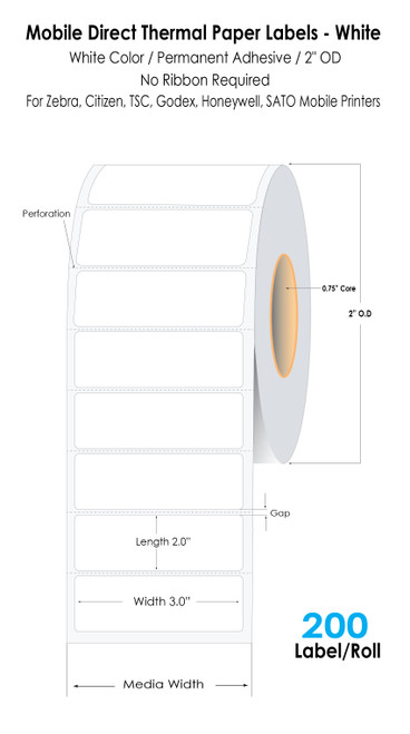 White Mobile Direct Thermal 3" x 2" Paper Labels 200/Roll 0.75" Core 2.0" OD