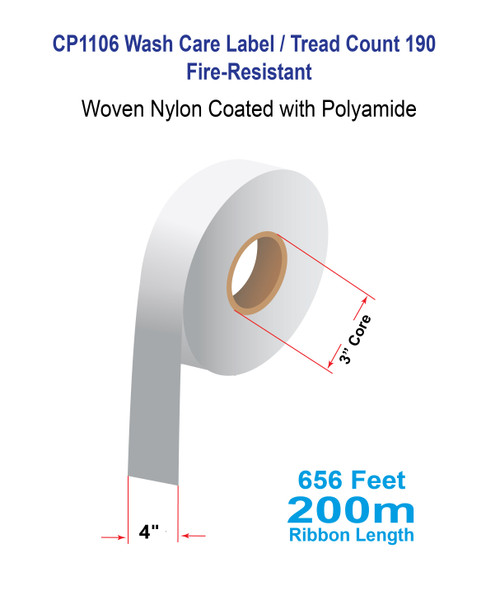 CP1106 4" x 656 Ft Sew-On Wash Care Label 190 gsm Woven Nylon Coated with Polyamide / Fire-Resistant - 3" Core