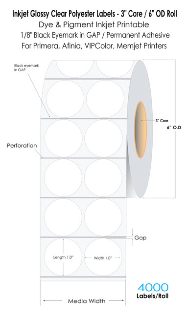 LX3000 1" x 1" (2UP) Clear Polypropylene Labels 3550/Roll 3"Core/6" OD