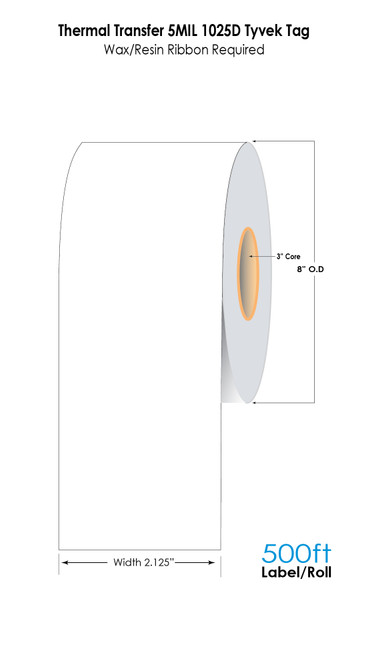 Thermal Transfer 2.125" x 500Ft 5MIL Continuous Tyvek Tag Roll 3"Core/8" OD