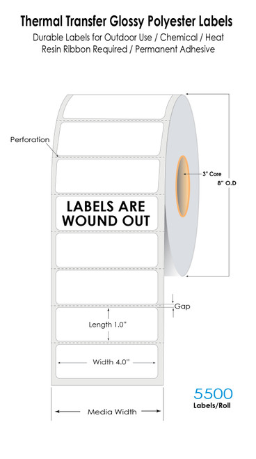 Industrial 4" x 1" Gloss White Polyester Thermal Transfer Labels - 5500/Roll