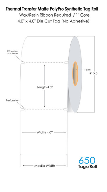 Thermal Transfer 4 x 4 Matte PolyPro (7mil) Synthetic Tag 650/Roll 1"Core/5" OD
