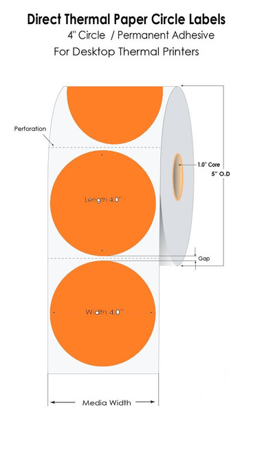 Desktop Direct Thermal 4" Circle 1495 Orange 200HD Labels 700/Roll 1" Core/5" OD
