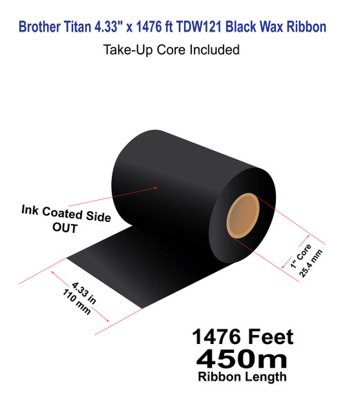 Brother Titan 4.33" x 1476 ft (110mm x 450m) TDW121 Black Wax Ribbon with Ink OUT - 12 Rolls
