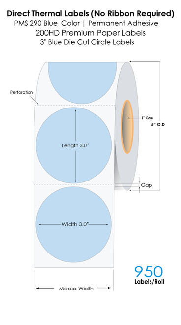 Direct Thermal 3" Circle Blue Labels 950/Roll 1" Core/5" OD