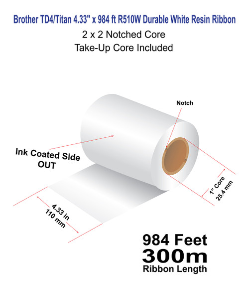Brother TD4 4.33" x 984 ft (110mm x 300m) R510W Durable White Resin Ribbon with Take-Up Core / 2x2 Notch - 1 Rolls