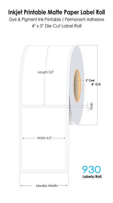 CW-C8000 4" x 5" Inkjet Matte Paper Labels 930/Roll 3" Core/8" OD