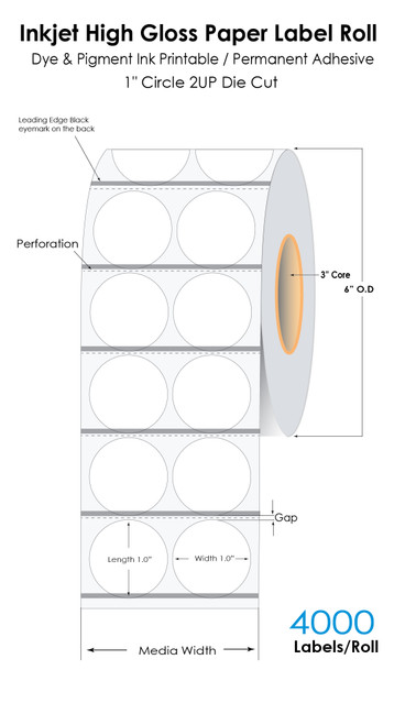 C6500 1" Circle (2UP) High Gloss Paper Labels 4000/Roll (Leading Edge 5mm Blk Eyemark)