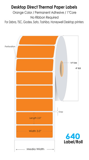 Orange Direct Thermal 3"x2" Paper Labels 640/Roll 1"Core/4"OD