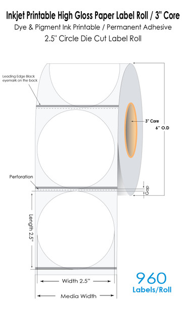 C6500 2.5" Circle High Gloss Paper Labels 1100/Roll with 5mm leading edge blk sensor